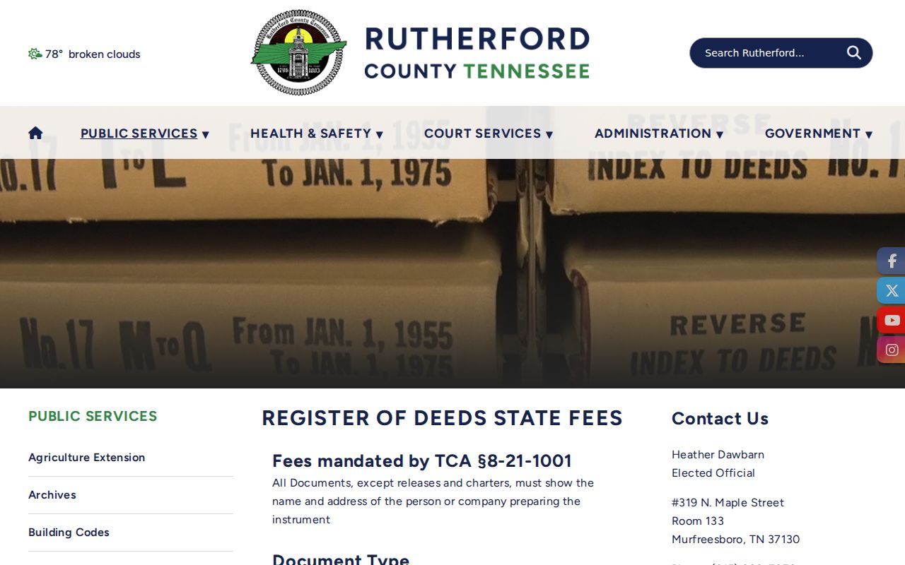 Smyrna public records page for Rutherford County Register fees