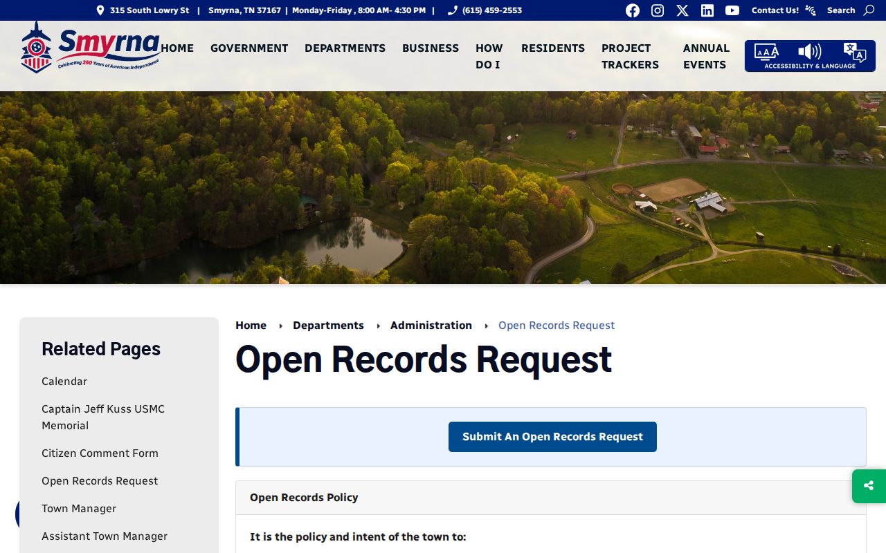 Smyrna public records request route for town-held files