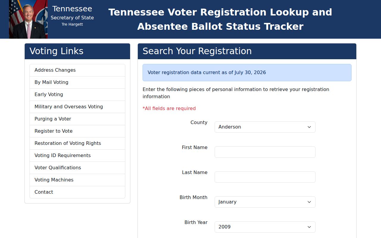 Smyrna voter registration records search fields in the Tennessee lookup